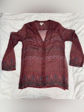 Converse Women’s sheer bell sleeve paisley button front blouse size L maroon